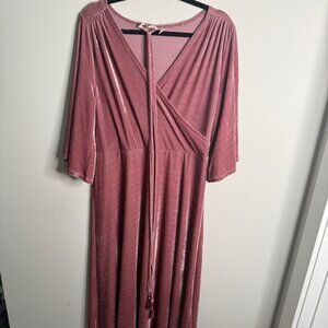 Soft Surroundings Women's Medium Pink Velvet Vera Maxi Quarter Sleeve Dress Soft